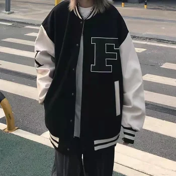 Deeptown Harajuku Модная Бейсбольная куртка Женская Винтажная Негабаритная Готическая Куртка для студентов колледжа Тонкие пальто Корейская Уличная Одежда
