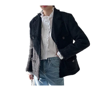 Женский Отложной воротник в Корейском стиле, Длинные рукава, карман с Кисточками, Однобортная Шерстяная куртка с коротким Рисунком для женщин FS1153