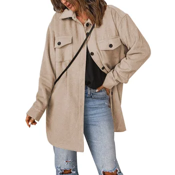 Женское шерстяное пальто, Осенне-зимнее Однотонное Свободное пальто-кардиган, Женское Шерстяное пальто с длинным рукавом, Однобортный карман, отложной воротник