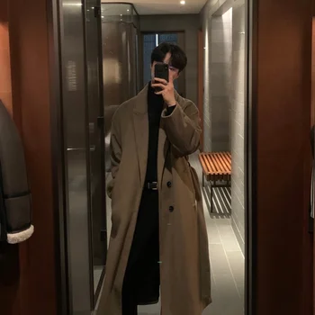 Зимнее толстое шерстяное пальто, мужское теплое модное длинное шерстяное пальто Оверсайз, 3 цвета, мужской корейский Свободный тренч, Мужское пальто M-2XL