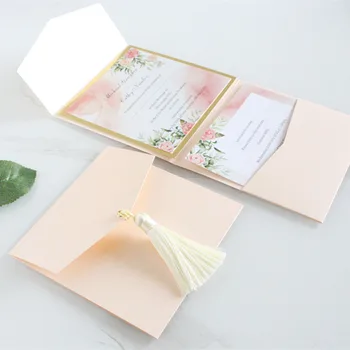 Телесно-розовые Персонализированные Карманные Приглашения на свадьбу С кисточками, Металлическая золотая кайма, Печать приглашений, бумага RSPV 250 г, Разноцветная бумага